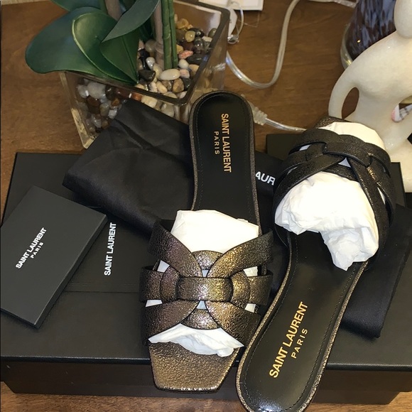BNWB YSL Tribute Metallic Black Sandals - Picture 1 of 9